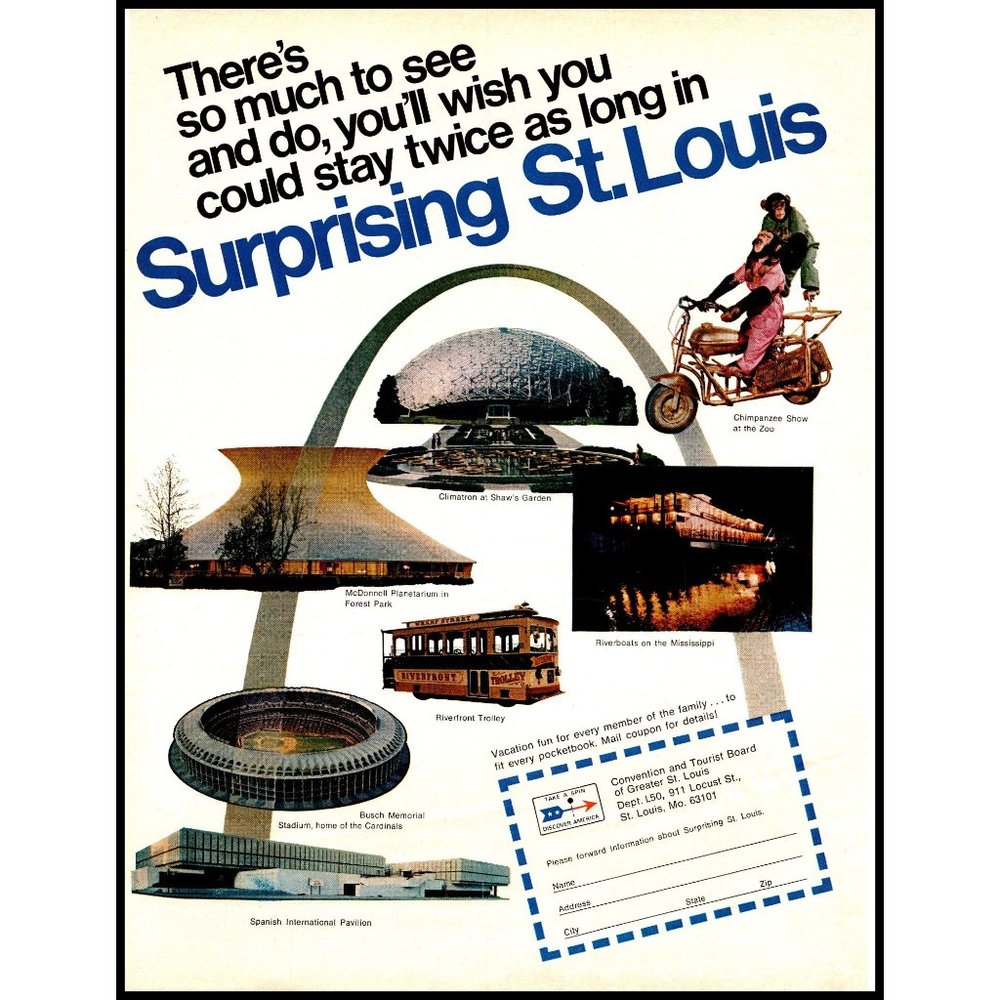 1970 Surprising St. Louis Travel Tourism Vintage Print Ad Freedom Arch Busch